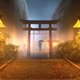 a man holding an umbrella walks down an alleyway in ghostwire tokyo